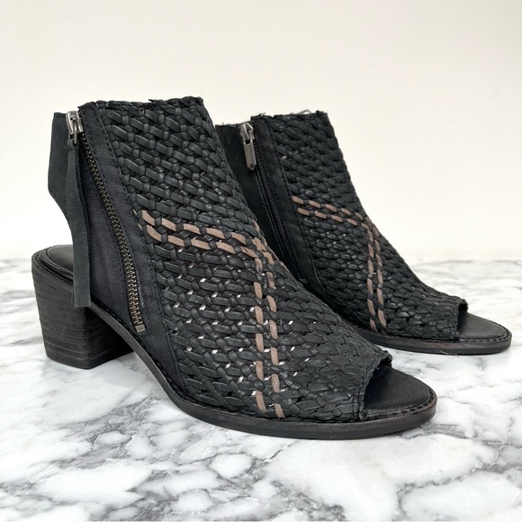 Sam Edelman Cooper black woven leather peep toe block heel sandals 8.5 - Picture 1 of 11